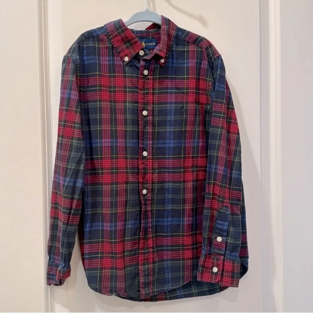 RALPH LAUREN Boy’s size 7 Red blue and green holiday plaid  button down